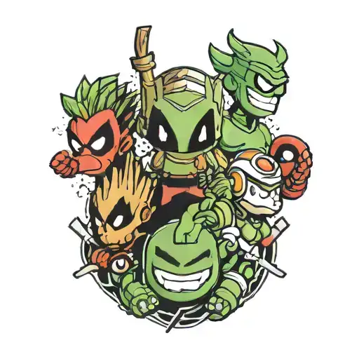 Groot, Cosmo, Mario, Luigi and Deadpool  tattoo design idea