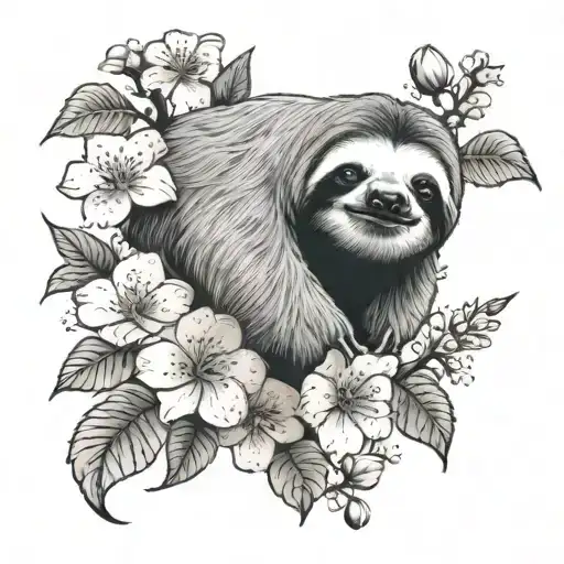 arm tattoo of a sloth with cherry and peach blossoms  tattoo design idea