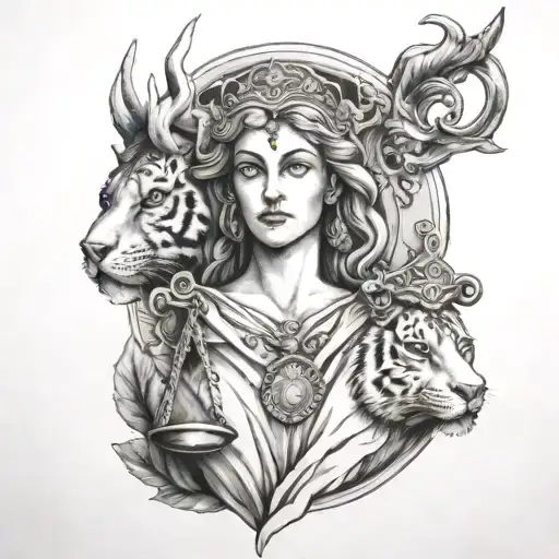 lady justice, tiger and stag head tattoo design idea