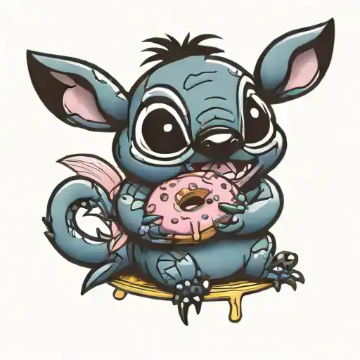 Disney stitch holding PINK donut and a cheese ball tattoo design idea