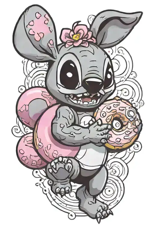 Stitch from Disney Lilo & Stich holding a pink donut in left hand and a giant Cheeto ball in right hand tattoo design idea