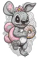 Stitch from Disney Lilo & Stich holding a pink donut in left hand and a giant Cheeto ball in right hand tattoo design idea