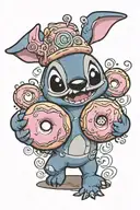 Stitch from Disney Lilo & Stich holding a pink donut in left hand and a giant Cheeto ball in right hand tattoo design idea