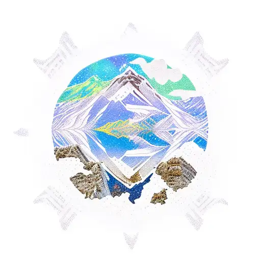 An Icelandic landscape with glaciers, geysers, and volcanic peaks, framed by a border of intricate runes and symbols, reflecting your memorable hiking expedition in the Icelandic wilderness tattoo design idea