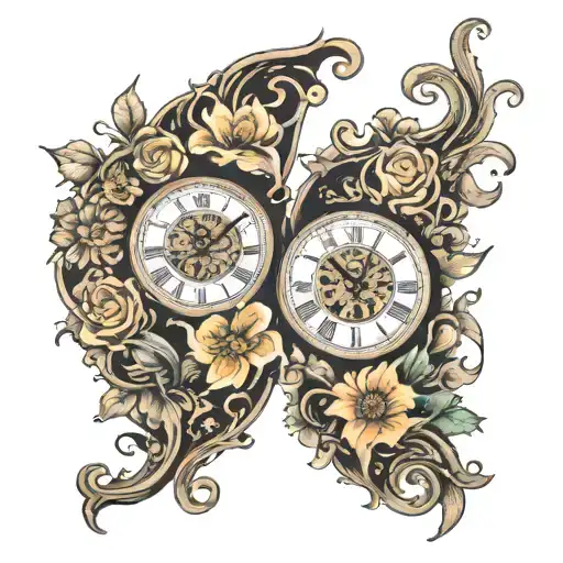 arm sleeve blackout flowers clocks side by side tattoo design idea