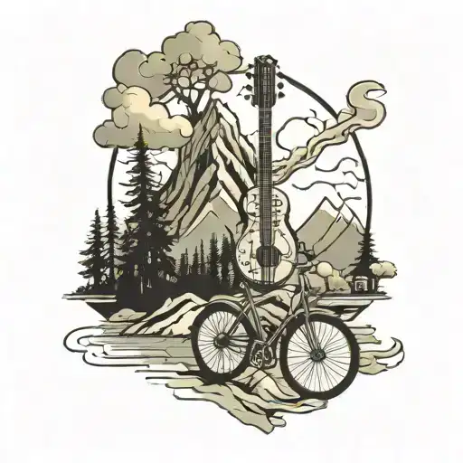 mountain, banjo, bicycle, skyscraper tattoo design idea