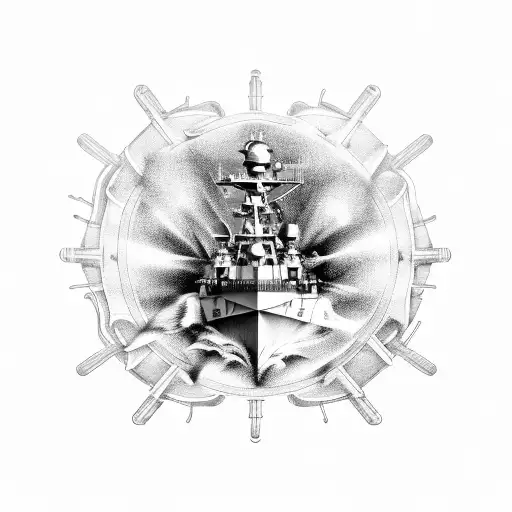 A detailed illustration of a naval ship with guns firing tattoo design idea