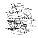 A silhouette of a fisherman casting a line into a tranquil lake at sunset tattoo design idea