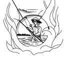 A silhouette of a fisherman casting a line into a tranquil lake at sunset tattoo design idea