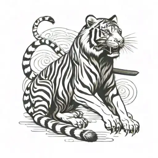 A full-length tiger with a katana in its paws tattoo design idea