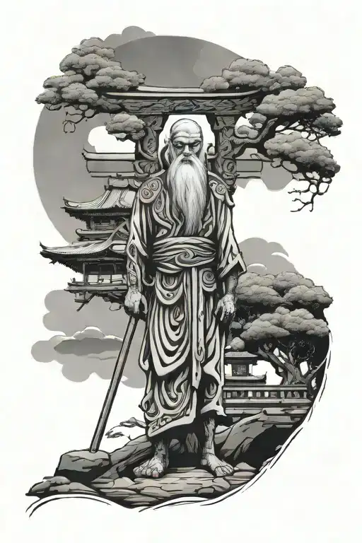 A mysterious Celtic druid standing in front of a traditional Japanese torii gate tattoo design idea