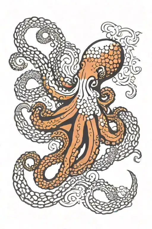 octopus spreading its tentacles out a rising sun with sunlight spreading out in black and white and outline tattoo design idea