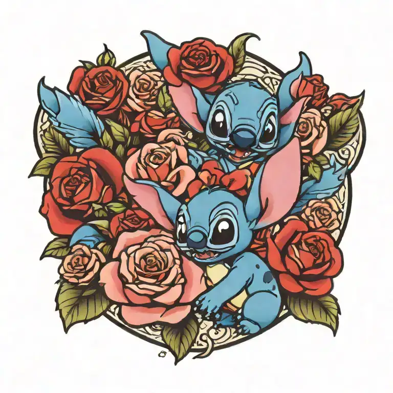stitch Disney and roses tattoo design idea