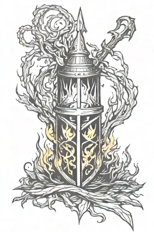 create a tattoo for my forearm, it should be a bonfire from the dark souls series, it should be black, but it can have colorful e tattoo design idea