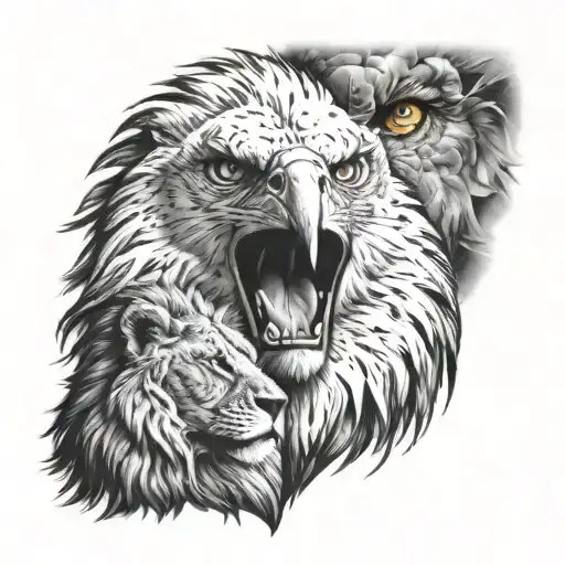 Eyes of an eagle looking eachother  to the eyes of a lion in a square tattoo design idea