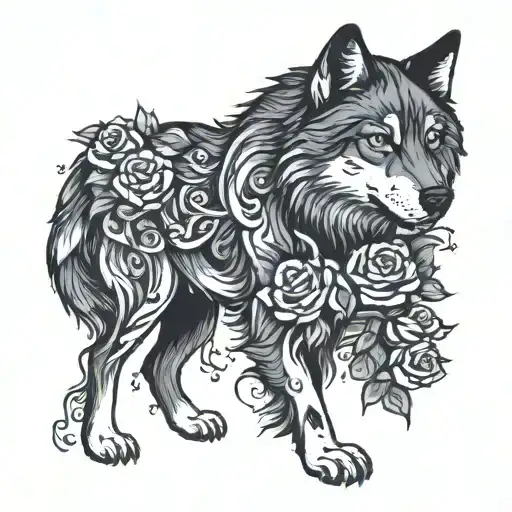 semicolon wolf blended by roses growing tattoo design idea