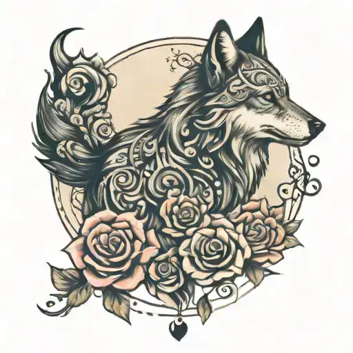 semicolon wolf blended by roses tattoo design idea