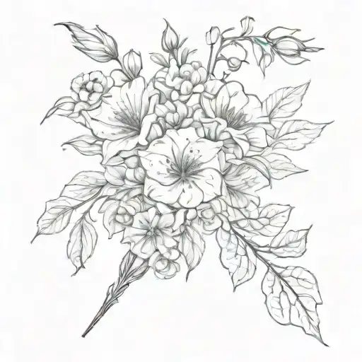 long stem bouquet of honeysuckle, rose, aster,  morning glory, gladiola, poppy flowers tattoo design idea