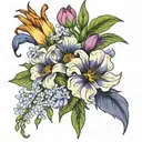 bouquet of honeysuckle flower, poppy flower, gladiolas and aster flower 🌸 tattoo design idea