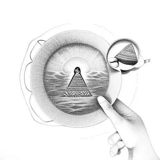 A surgeon's hand holding a coffee cup, with a hidden pyramid and sea creatures inside tattoo design idea