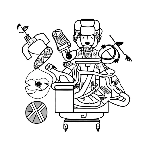 A driven and competitive surgeon surrounded by hurt on the inside symbols, with a coffee cup and birds tattoo design idea