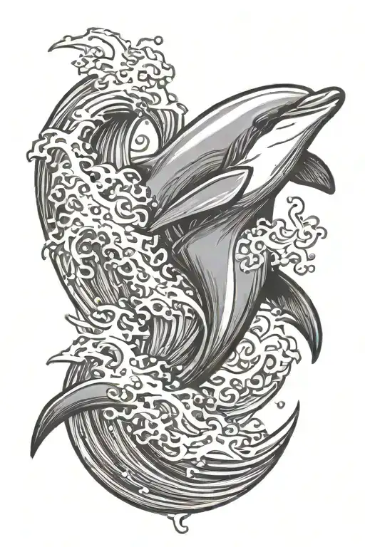 Surfing dolphin riding tattoo design idea