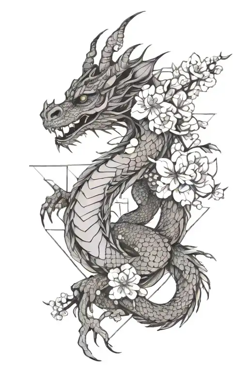 dragon with sakura flowers and geometry best quality tattoo design idea