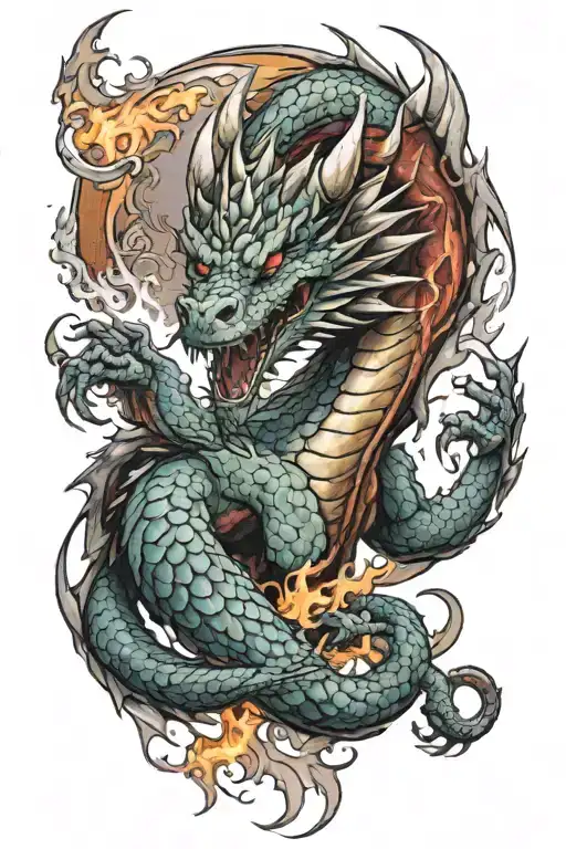 Colored tattoo of a fire-breathing dragon drawn on a man's muscular arm. I want to see a dragon tattoo design idea