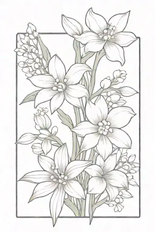 bouquet with 2 daisies, lily of the valley, larkspur, and narcissus  tattoo design idea