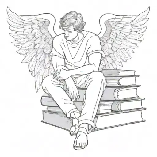 fine line tattoo of a male angel peacefully resting on small stack of books make it minimalistic tattoo design idea