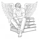 fine line tattoo of a male angel peacefully resting on small stack of books make it minimalistic tattoo design idea