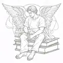 fine line tattoo of a male angel peacefully resting on small stack of books make it minimalistic tattoo design idea
