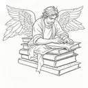 fine line tattoo of a male angel peacefully resting on small stack of books make it minimalistic tattoo design idea