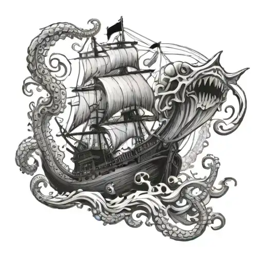 A pirate ship attacked by a giant octopus under the ocean with fish and a giant turtle charging towards town tattoo design idea