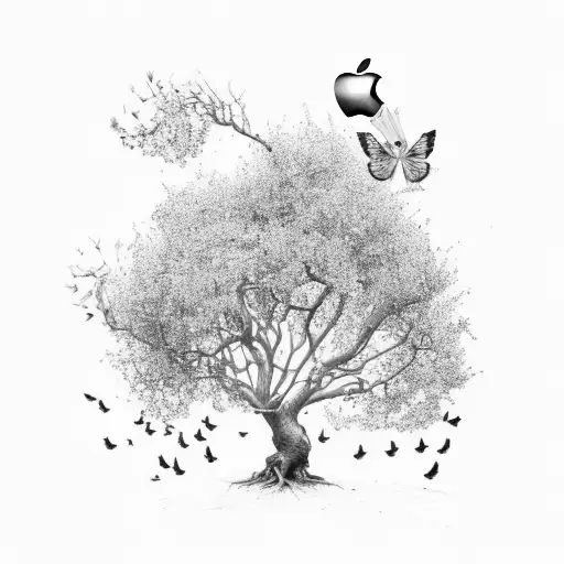 Apple tree with roots. I need to see the apples. also with 3 little birds flying around the tree tattoo design idea