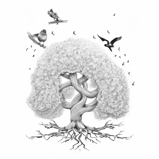 Apple tree with roots. also with 3 little birds flying around the tree tattoo design idea
