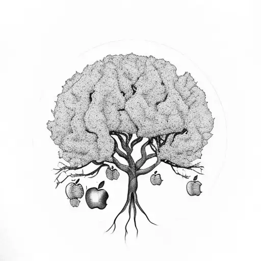 Apple tree with roots. I need to see the apples. also with 3 little birds flying around the tree tattoo design idea