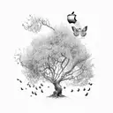 Apple tree with roots. I need to see the apples. also with 3 little birds flying around the tree tattoo design idea
