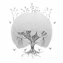 Apple tree with roots. I need to see the apples. also with 3 little birds flying around the tree tattoo design idea