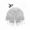 Apple tree with roots. also with 3 little birds flying around the tree tattoo design idea