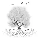 Apple tree with roots. also with 3 little birds flying around the tree tattoo design idea