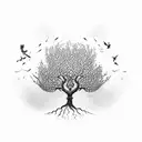 Apple tree with roots. also with 3 little birds flying around the tree tattoo design idea