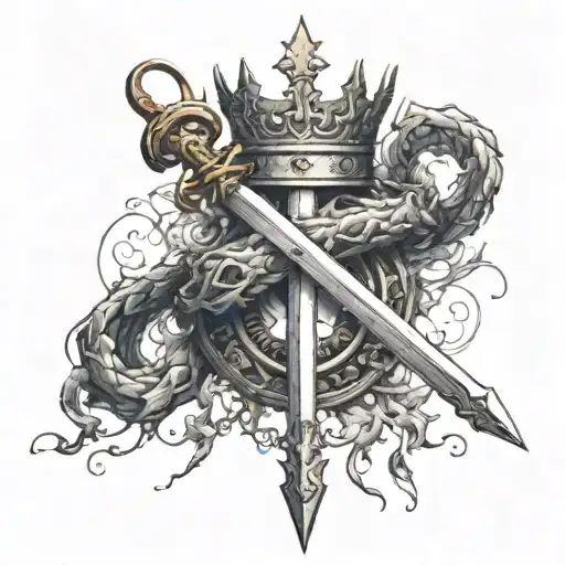 a sword with an Ouroboros around it and a crown on top tattoo design idea