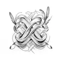 Infinity loop with feather & initials 'RCK' & date '12/31/22' tattoo design idea