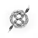 Infinity loop with feather & initials 'RCK' & date '12/31/22' tattoo design idea