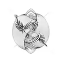 Infinity loop with feather & initials 'RCK' & date '12/31/22' tattoo design idea