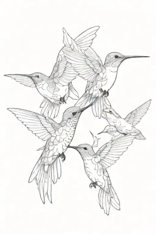 3 hummingbird all the same size. The birds should be separate directions from each other with clear distinction of their tattoo design idea