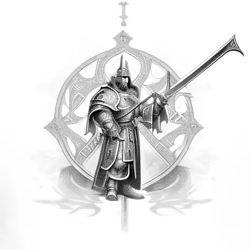 Imagine an imposing Templar knight kneeling, ready to protect the faith. With his right knee onround, holding a sword tattoo design idea