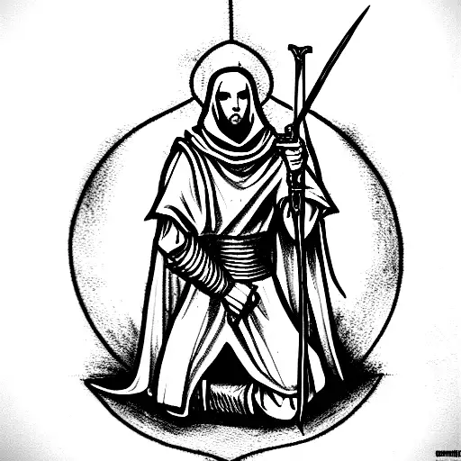 Imagine a Templar knight kneeling, ready to protect the faith. With his right knee onround, holding a sword tattoo design idea