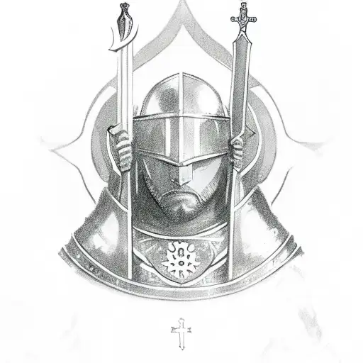Imagine a Templar knight kneeling, ready to protect the faith. With his right knee onround, holding a sword tattoo design idea